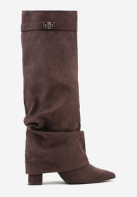 Renee - Brązowe Marszczone Kozaki na Słupkowym Obcasie z Wywiniętą Cholewką Runella. Okazja: na imprezę, na co dzień. Kolor: brązowy. Materiał: skóra, jeans. Szerokość cholewki: normalna. Obcas: na obcasie. Styl: casual, elegancki. Wysokość obcasa: średni #2