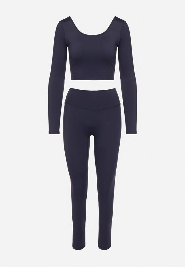Born2be - Granatowy Komplet Sportowy Legginsy i Bluzka z Odkrytymi Plecami Dasalla. Kolor: niebieski