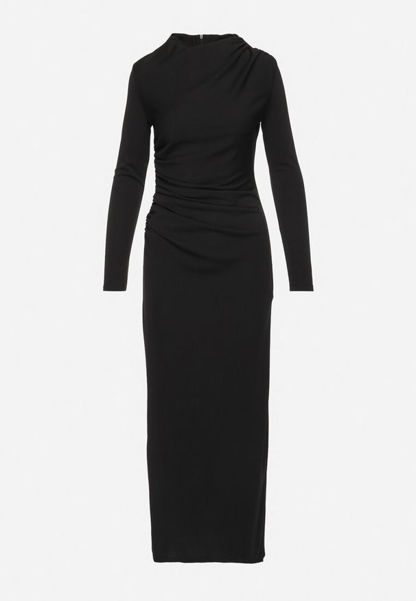 Born2be - Czarna Dopasowana Sukienka Koktajlowa z Modnym Drapowaniem i Rozcięciem Faeridae. Kolor: czarny. Styl: wizytowy