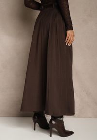 Renee - Brązowa Rozkloszowana Spódnica z Wiskozy z Dodatkowym Paskiem z Klamrą Lowedina. Kolor: brązowy. Materiał: wiskoza #5