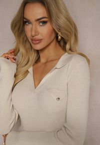 Renee - Jasnobeżowy Sweter Prążkowany z Modalem i Wiskozą Ozdobiony Kołnierzykiem Delanoriel. Okazja: na co dzień. Typ kołnierza: kołnierzyk klasyczny. Kolor: beżowy. Materiał: wiskoza, prążkowany. Wzór: aplikacja. Styl: klasyczny, elegancki, casual #3