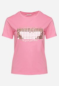 Born2be - Różowy T-shirt Bawełniany Ozdobiony Cekinami Lirenell. Okazja: na co dzień, do pracy. Kolor: różowy. Materiał: bawełna. Wzór: aplikacja. Styl: glamour, klasyczny, casual #4
