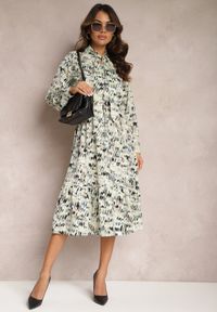 Renee - Zielona Rozkloszowana Sukienka Midi z Falbanką i Gumką w Talii Viglira. Kolor: zielony. Styl: elegancki. Długość: midi