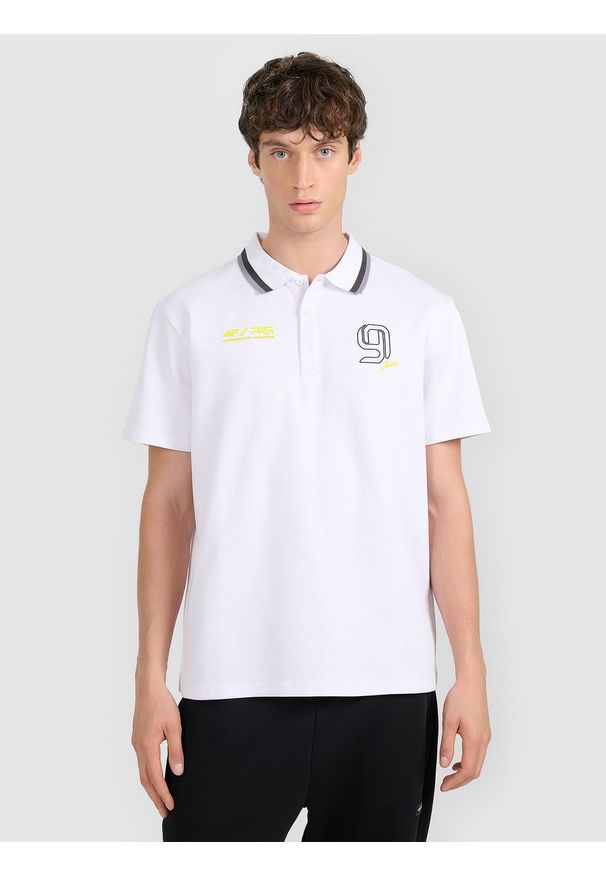 4f - 4F Koszulka polo regular męska 4F x Robert Lewandowski - biała XL. Okazja: na co dzień. Typ kołnierza: polo. Kolor: biały. Materiał: bawełna, materiał. Styl: casual, klasyczny, sportowy