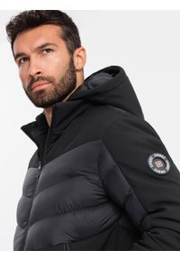 Ombre Clothing - Pikowana męska kurtka z łączonych materiałów z wysokim kołnierzem – czarna V1. Okazja: na co dzień. Kolor: czarny. Materiał: materiał. Wzór: aplikacja. Styl: sportowy, casual #4
