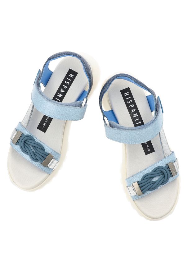 Sandały damskie Hispanitas, cholewka ze skóry naturalnej sportowa konstrukcja z regulowanymi paskami otwarta forma lekka podeszwa zapewniająca stabil. Okazja: na co dzień. Nosek buta: otwarty. Zapięcie: pasek. Kolor: niebieski. Materiał: skóra. Wzór: paski. Sezon: lato. Styl: sportowy