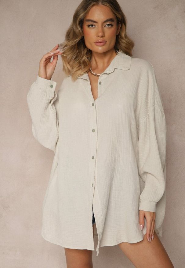 Renee - Jasnobeżowa Muślinowa Koszula z Bawełny Ateloria. Okazja: na co dzień. Kolor: beżowy. Materiał: bawełna. Styl: casual