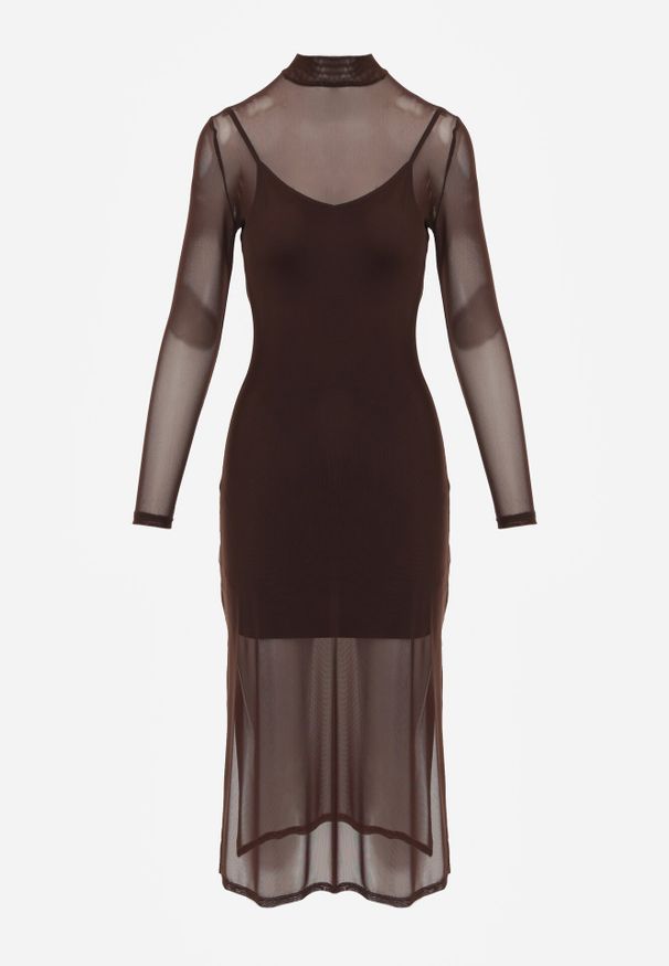 Born2be - Brązowa Prześwitująca Sukienka Siateczkowa z Halką Kuma. Okazja: na co dzień. Kolor: brązowy. Materiał: wiskoza, jeans. Długość rękawa: na ramiączkach. Typ sukienki: proste. Styl: casual, elegancki, klasyczny