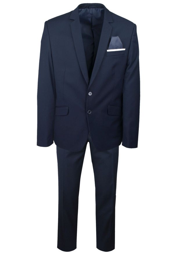 Męski, Taliowany Garnitur (Wesele, Studniówka) - Casino - Ciemny Granat. Materiał: poliester, wiskoza