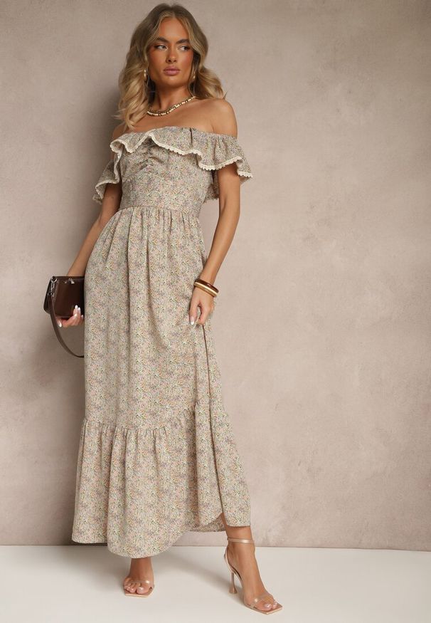 Renee - Zielona Sukienka z Ozdobnymi Falbankami Folanne. Okazja: na spacer, na imprezę, na co dzień. Typ kołnierza: kołnierz z falbankami. Kolor: zielony. Materiał: jeans. Sezon: lato. Typ sukienki: proste. Styl: casual, elegancki