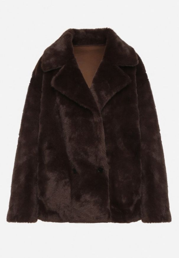 Born2be - Brązowa Kurtka Futerko o Dwurzędowym Kroju Oversize Nalizana. Okazja: na co dzień. Kolor: brązowy. Materiał: futro. Długość rękawa: długi rękaw. Długość: długie. Styl: casual, elegancki