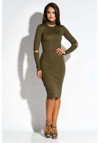 Dursi - Oliwkowa Sukienka Ołówkowa z Wycięciami. Kolor: oliwkowy. Materiał: elastan, poliester, wiskoza. Typ sukienki: ołówkowe #1