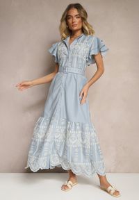Renee - Niebieska Rozkloszowana Sukienka w Stylu Boho z Paskiem Zdobiona Haftem Falbanami Vallsara. Okazja: na co dzień, na imprezę, na spacer. Typ kołnierza: kołnierzyk koszulowy. Kolor: niebieski. Wzór: haft, aplikacja. Sezon: lato. Typ sukienki: koszulowe, proste. Styl: boho