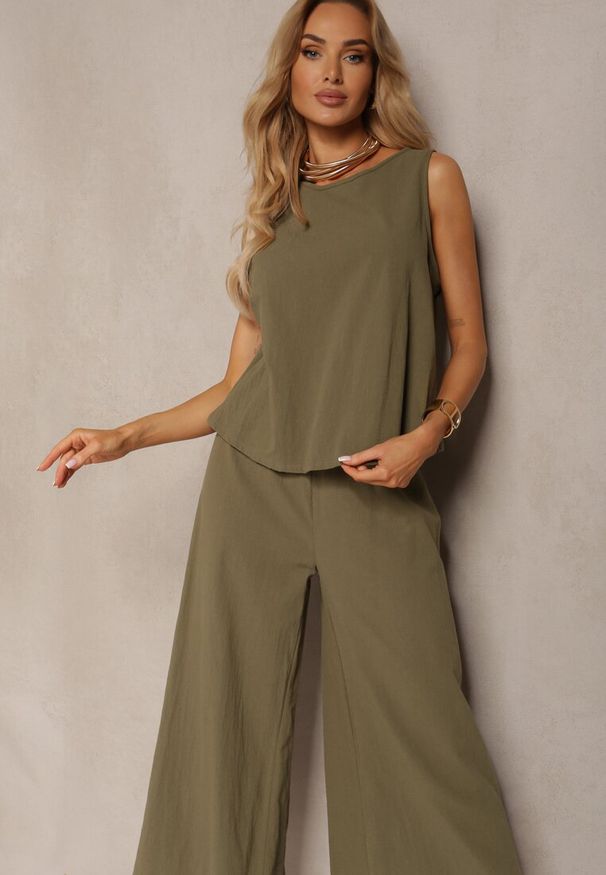 Renee - Ciemnozielony Komplet z Bawełny Spodnie Culottes i Luźny Top Tinelia. Kolor: zielony. Materiał: bawełna. Wzór: aplikacja