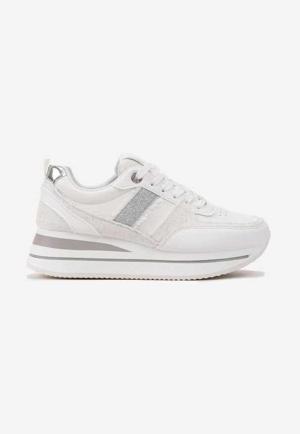 Born2be - Biało-Srebrne Sneakersy na Grubej Podeszwie z Materiałowymi Wstawkami i Brokatem Omifa. Kolor: biały. Materiał: materiał. Wzór: aplikacja
