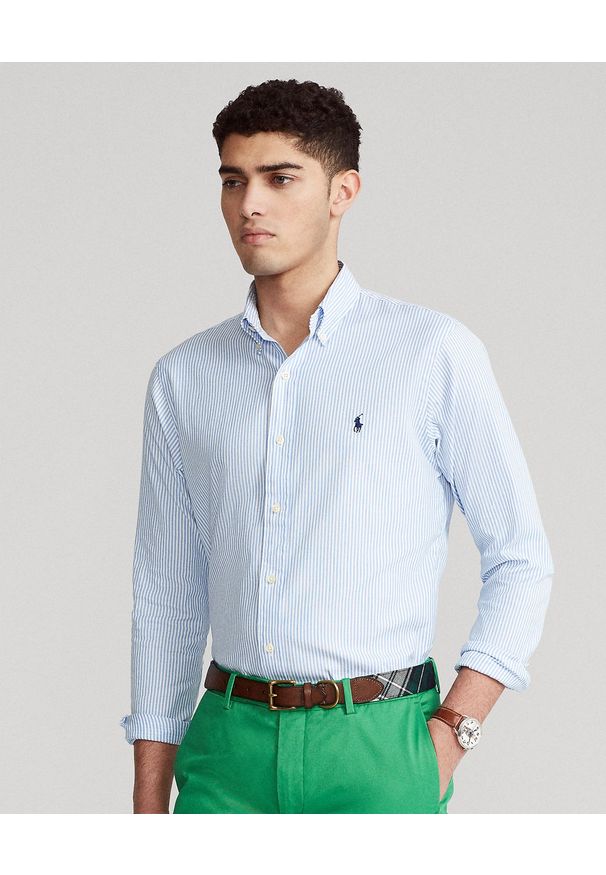 Ralph Lauren - RALPH LAUREN - Niebieska koszula w paski Custom Fit. Typ kołnierza: polo. Kolor: niebieski. Materiał: bawełna. Wzór: paski. Styl: elegancki