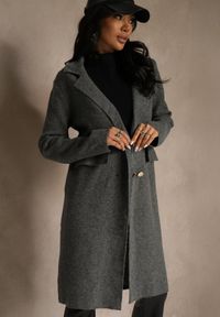 Renee - Szary Płaszcz Dwurzędowy o Długim Kroju w Eleganckim Stylu Saratusa. Okazja: do pracy. Kolor: szary. Materiał: jeans. Długość: długie. Styl: elegancki #4