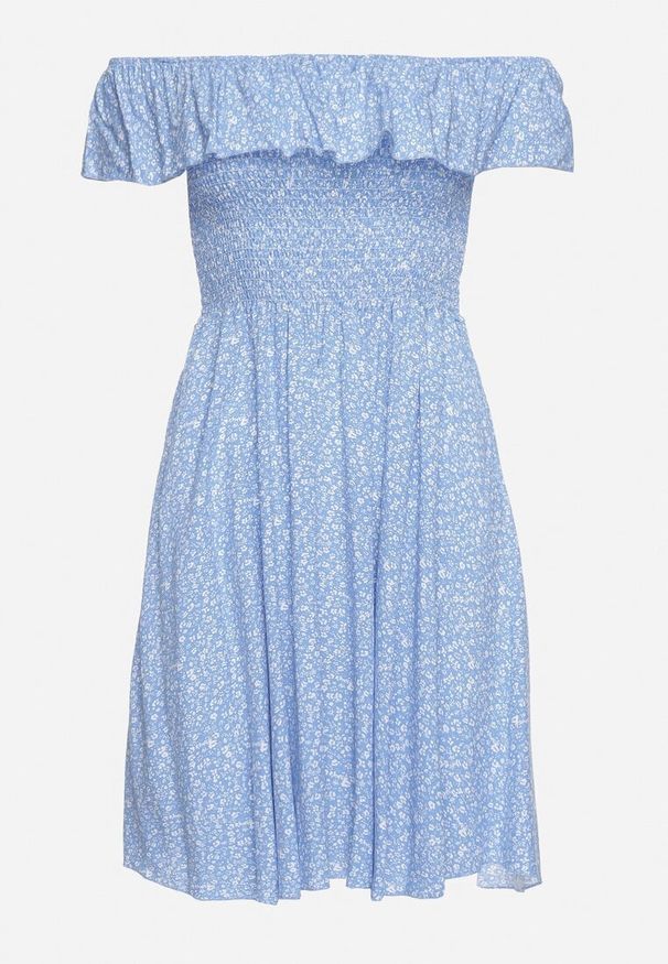 Born2be - Niebieska Bawełniana Sukienka z Hiszpańskim Dekoltem i Marszczoną Górą w Kwiaty Samorea. Okazja: na co dzień. Kolor: niebieski. Materiał: bawełna. Wzór: kwiaty. Styl: casual, elegancki