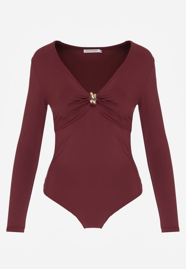 Born2be - Bordowe Body Ozdobione Aplikacją i Marszczeniem przy Dekolcie Ferenice. Okazja: na co dzień. Kolor: czerwony. Materiał: jeans. Wzór: aplikacja. Styl: casual