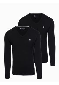 Ombre Clothing - Komplet męskich longsleeve'ów SLIM FIT z dekoltem typu V i logotypem 2-pak – 2x czarny V5 - Rozmiar: L. Okazja: na co dzień. Kolor: czarny. Materiał: elastan, bawełna. Długość rękawa: długi rękaw. Styl: casual