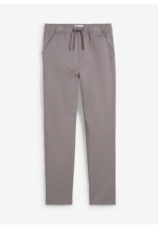 bonprix - Spodnie chłopięce chino ze stretchem i gumką w talii, Regular Fit Straight, z bawełny organicznej. Kolor: szary. Materiał: bawełna. Styl: elegancki