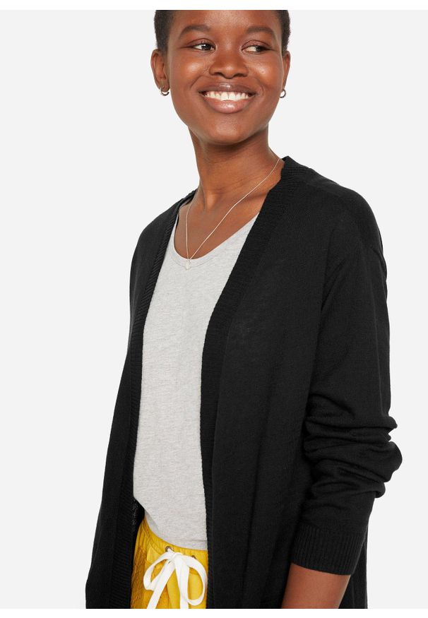 bonprix - Sweter bawełniany bez zapięcia, z dzianiny o splocie drobnych oczek. Kolor: czarny. Materiał: dzianina, bawełna. Wzór: ze splotem