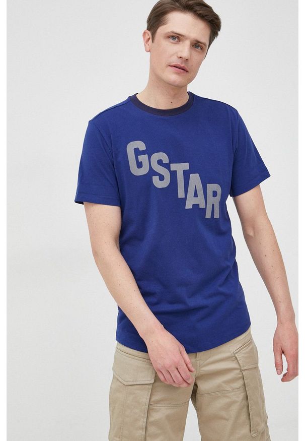 G-Star RAW - G-Star Raw t-shirt bawełniany z nadrukiem. Okazja: na co dzień. Kolor: niebieski. Materiał: bawełna. Wzór: nadruk. Styl: casual