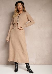Renee - Ciemnobeżowy Komplet z Dzianiny z Wełną Kardigan z Guzikami i Spódnica z Gumką w Talii Melzina. Kolor: beżowy. Materiał: dzianina, wełna #2