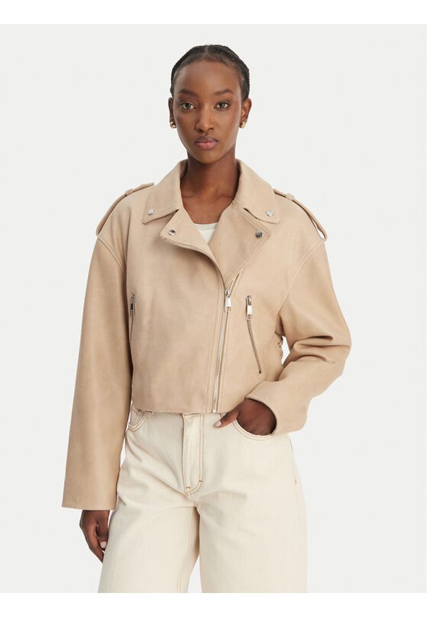 BOSS Kurtka skórzana C_Salace 50554143 Beżowy Regular Fit. Kolor: beżowy. Materiał: skóra