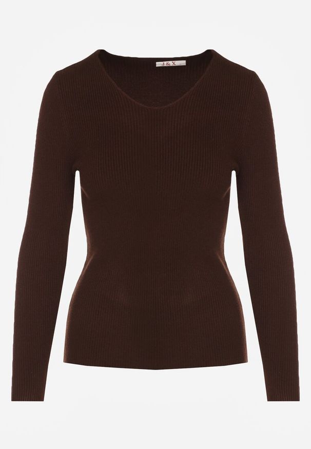 Renee - Brązowy Sweter z Bawełną z Prążkowanej Dzianiny Reisaria. Okazja: na co dzień. Kolor: brązowy. Materiał: prążkowany, dzianina, bawełna. Styl: casual, klasyczny