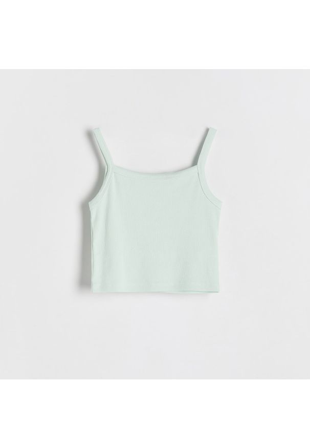 Reserved - Top na ramiączkach - Zielony. Kolor: zielony. Materiał: bawełna, włókno, dzianina. Długość rękawa: na ramiączkach. Długość: krótkie