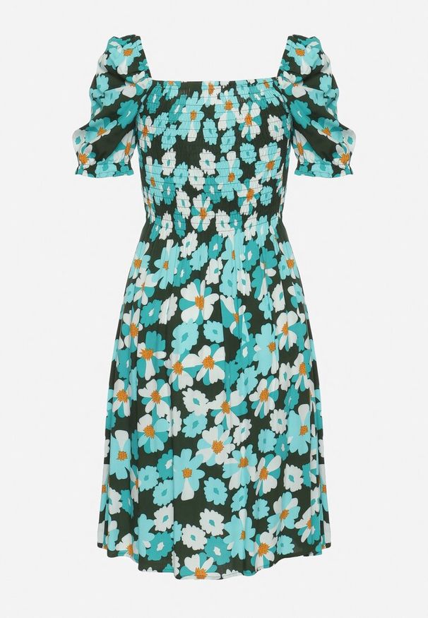Born2be - Niebiesko-Zielona Wiskozowa Sukienka Midi Rozkloszowana w Kwiatowy Print Acarana. Okazja: na spacer, na co dzień. Typ kołnierza: dekolt kwadratowy. Kolor: niebieski. Wzór: nadruk, kwiaty. Typ sukienki: proste. Materiał: wiskoza. Sezon: lato. Styl: klasyczny, casual, elegancki. Długość: midi