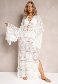 Renee - Biała Szydełkowa Sukienka Maxi z Wycięciami i Wiązaniem Upenna. Kolor: biały. Materiał: bawełna, tkanina. Wzór: aplikacja. Styl: elegancki. Długość: maxi #4