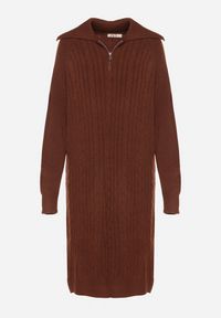 Born2be - Brązowa Sweterkowa Sukienka Pudełkowa z Bawełną i Wełną Ozdobiona Suwakiem Reimia. Okazja: na co dzień. Kolor: brązowy. Materiał: wełna, bawełna. Wzór: aplikacja. Styl: klasyczny, casual #2
