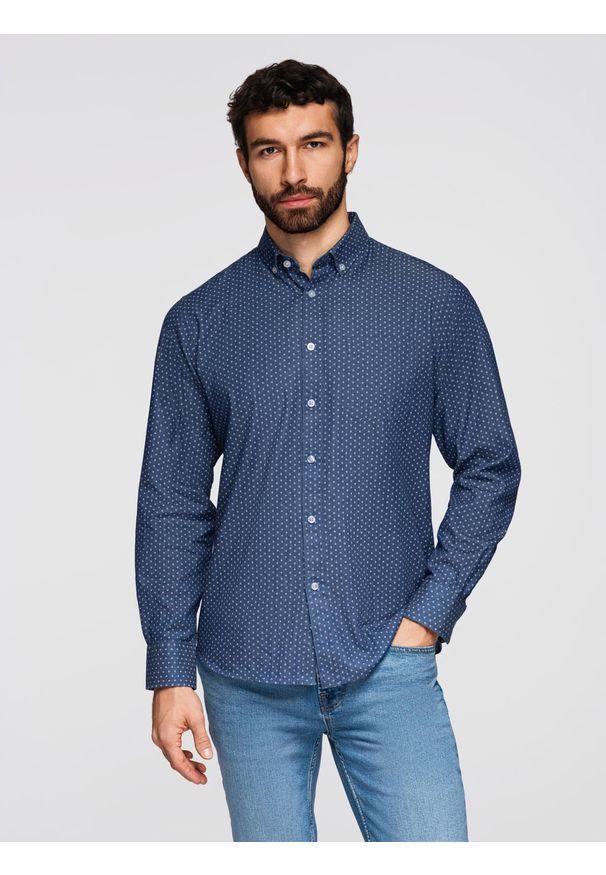 Ombre Clothing - Wzorzysta męska koszula z cienkiego jeansu z kieszonką – niebieska V2 - Rozmiar: XXL. Okazja: na co dzień. Kolor: niebieski. Materiał: jeans. Wzór: gładki. Styl: klasyczny, casual