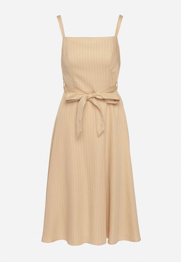 Born2be - Beżowa Sukienka z Wiskozą ze Wzorem Pasków Dolereia. Okazja: na co dzień. Kolor: beżowy. Materiał: wiskoza. Długość rękawa: na ramiączkach. Styl: casual, klasyczny. Długość: midi