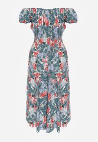 Renee - Zielono-Niebieska Sukienka Midi z Krótkim Rękawem z Wiskozy w Kwiaty Emena. Kolor: zielony. Materiał: wiskoza. Długość rękawa: krótki rękaw. Wzór: kwiaty. Sezon: lato. Typ sukienki: rozkloszowane. Długość: midi #8