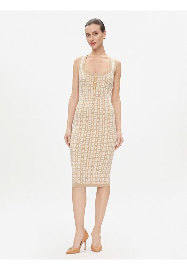 Elisabetta Franchi Sukienka dzianinowa AM-55Z-41E2-V460 Beżowy Slim Fit. Kolor: beżowy. Materiał: wiskoza