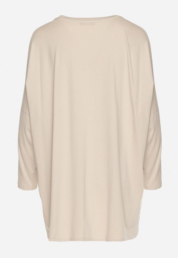 Born2be - Beżowa Bluzka Oversize z Bawełny z Kolorowym Nadrukiem i Brokatem Tailine. Okazja: na co dzień. Kolor: beżowy. Materiał: bawełna. Wzór: nadruk, kolorowy. Styl: glamour, casual