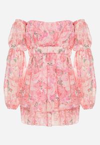 Born2be - Jasnoróżowa Wiskozowa Sukienka Hiszpanka z Falbanami i Paskiem w Kwiaty Virmoi. Okazja: na co dzień, na spacer. Typ kołnierza: dekolt hiszpanka. Kolor: różowy. Materiał: wiskoza. Wzór: kwiaty. Typ sukienki: proste. Styl: casual #7