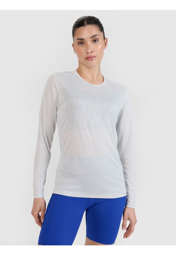 4f - 4F Longsleeve do biegania szybkoschnący damski - szary M. Kolor: szary. Materiał: dzianina, włókno, materiał, syntetyk. Długość rękawa: długi rękaw. Długość: krótkie. Wzór: gładki, ze splotem. Sport: fitness, bieganie