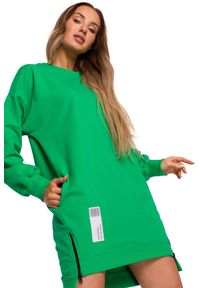 Produkt Polski - Sukienka bluza oversize asymetryczna bawełniana z zamkami zielona. Kolor: zielony. Materiał: bawełna. Typ sukienki: oversize, asymetryczne. Długość: mini