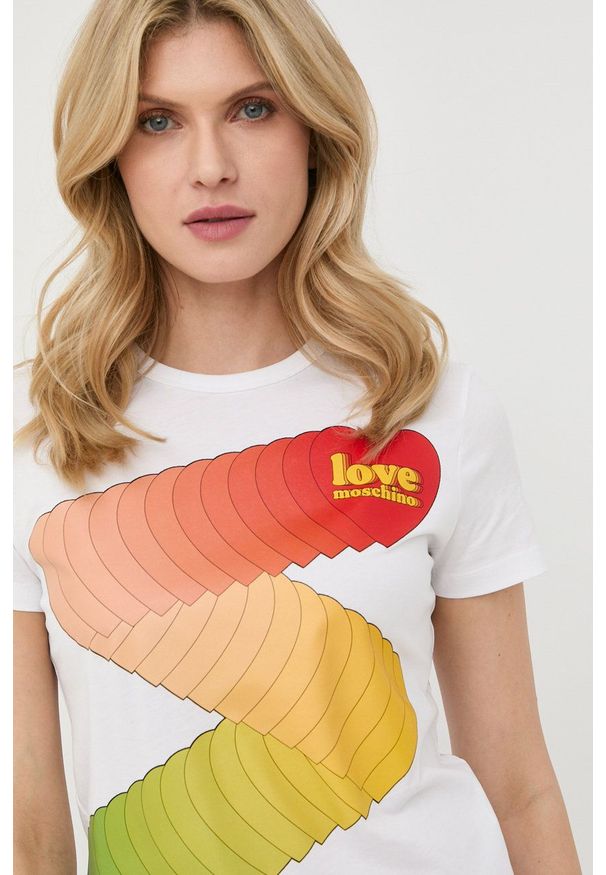 Love Moschino t-shirt bawełniany kolor biały. Okazja: na co dzień. Kolor: biały. Materiał: bawełna. Wzór: nadruk. Styl: casual