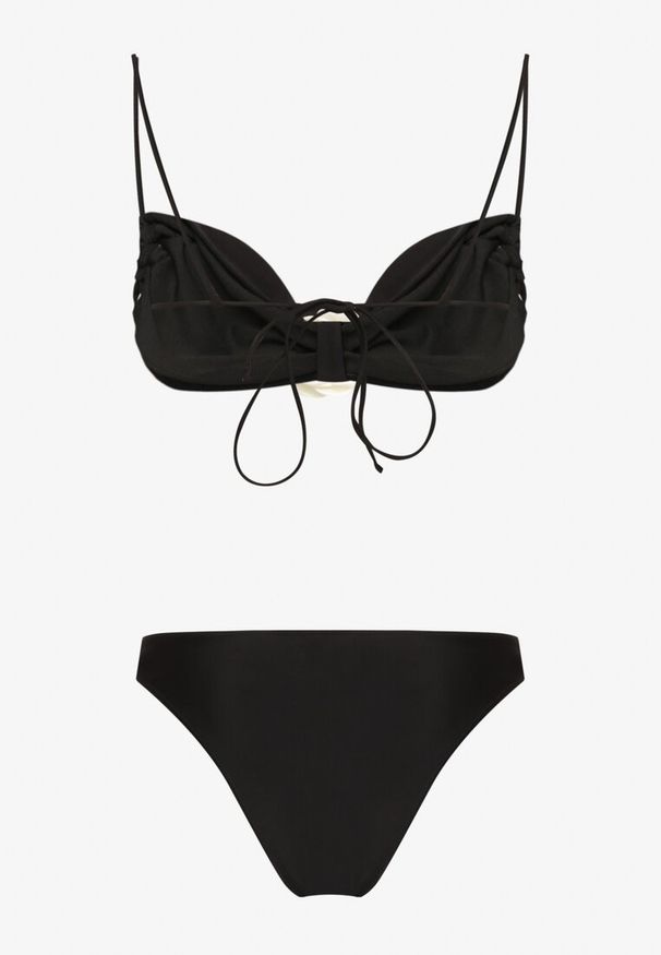 Renee - Czarne Bikini z Wiązaną Górą Ozdobione Kwiatowymi Aplikacjami Rivashan. Kolor: czarny. Wzór: aplikacja, kwiaty