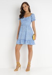 Born2be - Niebieska Sukienka Emas. Kolor: niebieski. Materiał: tkanina. Wzór: kwiaty, nadruk. Długość: mini #3