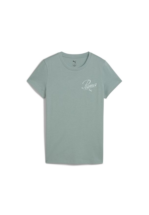 Puma - Damska koszulka ESS SCRIPT PUMA Green Moon. Kolor: zielony. Wzór: haft. Sport: fitness
