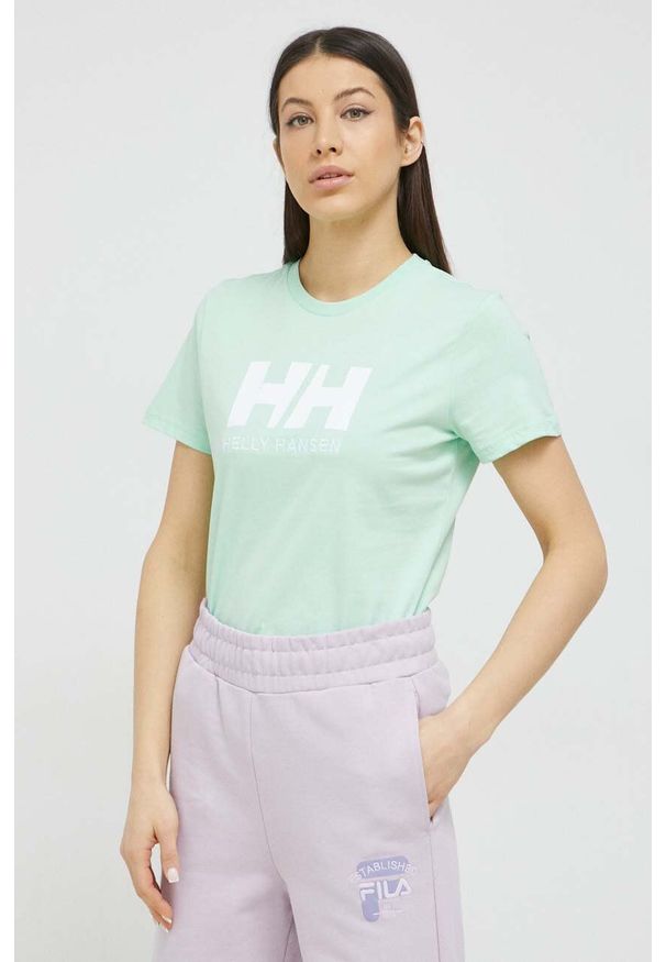 Helly Hansen t-shirt bawełniany kolor zielony 34112-001. Okazja: na co dzień. Kolor: zielony. Materiał: bawełna. Wzór: nadruk. Styl: casual