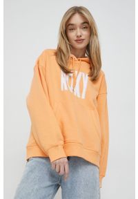Roxy bluza damska kolor pomarańczowy z kapturem z nadrukiem. Typ kołnierza: kaptur. Kolor: pomarańczowy. Długość rękawa: długi rękaw. Długość: długie. Wzór: nadruk