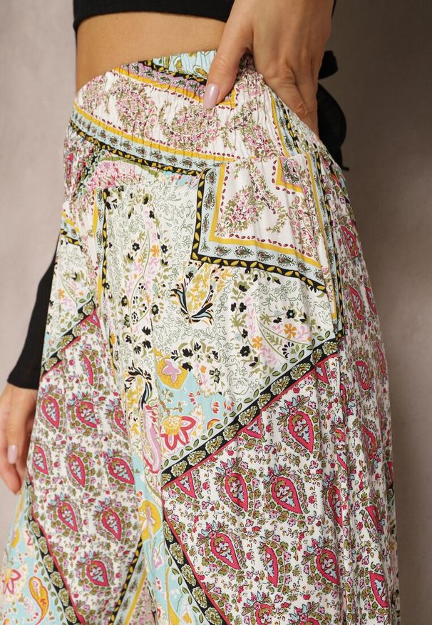 Renee - Miętowe Szerokie Spodnie Culottes z Mozaikowym Wzorem i Gumką w Pasie Mizina. Kolor: beżowy. Materiał: wiskoza. Sezon: lato. Styl: boho