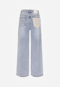Renee - Niebieskie Szerokie Jeansy High Waist Zdobione Haftem na Kieszeni Thaola. Stan: podwyższony. Kolor: niebieski. Wzór: aplikacja, haft. Styl: klasyczny, boho #3